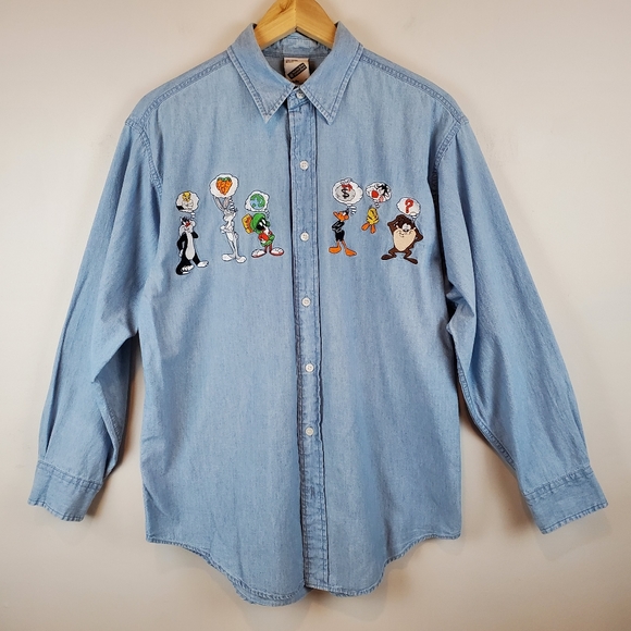 VTG Warner Brothers Bugs Bunny Tasmanian Devil Tweety Chambray Button Up Shirt - Picture 2 of 13